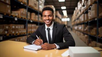 AI generated a smiling black man in a suit and tie sitting at a table in a warehouse. ai generated image. Pro Photo