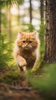 AI generated an orange cat running through the woods. ai generated image. Pro Photo