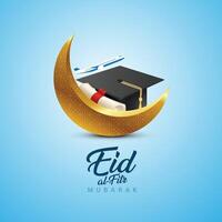 Golden decorative new moon with certificate isolated on an airplane, graduate cap, Ramadan, Eid, education, airlines, aviation, tourism, scholarship, and Islamic festival banner poster creative design vector