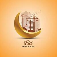 Gold decorative new moon with construction buildings, cranes, and other equipment, Eid and Ramadan concept for construction, builder, developer, engineer, civil engineer, housing, architect design vector