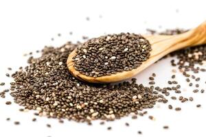 AI generated Organic Chia Seeds in Wooden Spoon Isolated on White Background photo