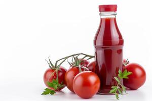 AI generated Red Ketchup Bottle and Tomatoes Isolated on White Background photo