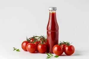 AI generated Ketchup Bottle and Tomatoes Isolated on White Background photo