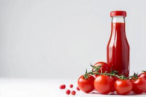 AI generated Tomato Ketchup Bottle and Fresh Tomatoes Isolated on White Background photo