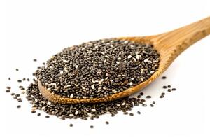 AI generated Natural Chia Seeds in Wooden Spoon Isolated on White Background photo