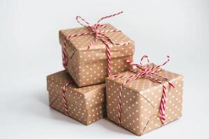 AI generated Ribboned Gift Boxes Isolated on White Background photo