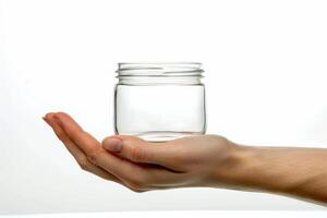 AI generated Hand with Empty Glass Jar Isolated on White Background photo