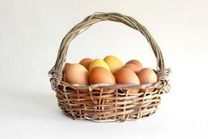 AI generated Eggs Piled in Bamboo Basket Isolated on White Background photo