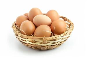 AI generated Bamboo Basket Filled with Eggs Isolated on White Background photo