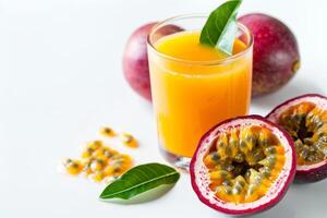 AI generated Exotic Freshly Squeezed Passion Fruit Juice Isolated on White Background photo