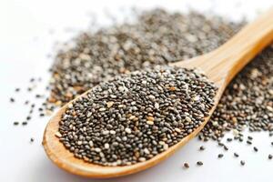 AI generated Healthy Chia Seeds in Wooden Spoon Isolated on White Background photo