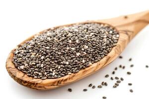 AI generated Chia Seeds in Wooden Spoon Isolated on White Background photo