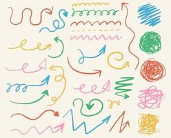 Set of abstract playful doodle arrow and brush line. Multicolor curved chalk darts. Drawn kind elements. Scribble circle vector