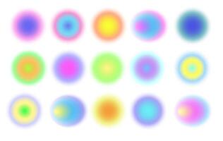 Set of neon bright blur circle. Vibrant holographic light. Multicolor radial gradient. Gradation shapes set palette. vector