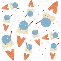 Cute Childish seamless pattern ice cream with cone, wafer roll and black dot on white suitable for fabric prints, wrapping paper, kids clothing, Kids Apparel, Surface Design, Packaging Pattern vector