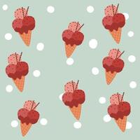 Cute Childish seamless pattern ice cream with cone, wafer roll and white dot on boho green suitable for fabric prints, wrapping paper, kids clothing, Kids Apparel, Surface Design, Packaging Pattern vector