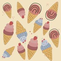 Cute Childish seamless pattern ice cream with cone, strawberry and cherry on yellow boho suitable for fabric prints, wrapping paper, kids clothing, Kids Apparel, Surface Design, Packaging Pattern vector