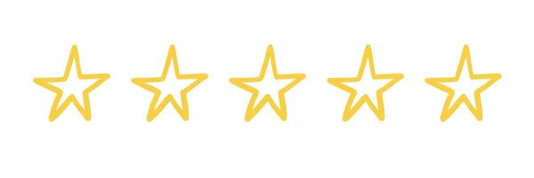 Five star doodle. Hand drawn quality, review yellow five star illustration. Award, quality, feedback concept elements. Sketch grunge style. Isolated vector