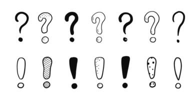 Doodle exclamation point and question sign mark set. Hand drawn sketch style exclamation point sign, question mark. Scribble doodle warning sign. vector