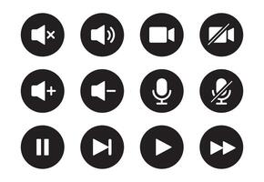 audio, video, música jugador botón icono. sonido control, jugar, pausa botón sólido icono colocar. cámara, medios de comunicación control, micrófono interfaz pictograma. vector