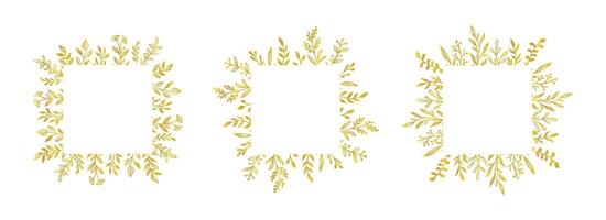 Gold floral square border set. Vector golden floral leaf wreath border. Wedding square frame design. Hand drawn rustic flourish elegant rectangle frame. Vector illustration