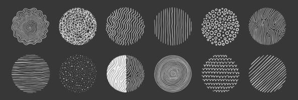 Abstract line pattern circle set. Hand drawn texture, doodle decorative line, spiral, scribble graphic round element. Circle drawn brush grunge texture. Vector