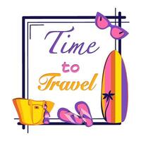 Time to travel frame with surfboard, flip flops, beach bag, and sunglasses vector