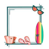 Summer frame with surfboard, beach bad, flip flops and sunglasses vector