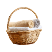 AI generated Basket of clean towels on a wooden table isolated on transparent background png