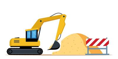 Excavator, sand pile, shovel. Building work process concept. Construction equipment. Vector illustration.