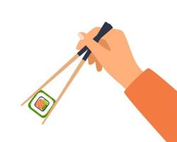 Hand holds chopsticks with sushi. Hand holds bamboo sticks. Asian cuisine. Image showing how to use chopsticks. Vector illustration.