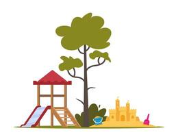 Children's entertainment playground elements. Slide, benches, a sandbox, a swing and a recreation park, toys. Place children games. Vector illustration.