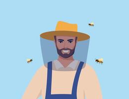 Man portrait in hat with protective fine mesh. Honey bee. Beekeeping. Houses for bees, beehives. Get honey. Vector illustration.