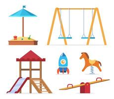 Children's entertainment playground elements. Slide, benches, a sandbox, a swing and a recreation park, toys. Place children games. Vector illustration.