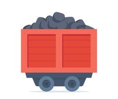 Mine coal trolley. Wagon transporting pile coal. Mining industry equipment. Underground minerals extraction. Construction and building transportation vehicle. Vector illustration.