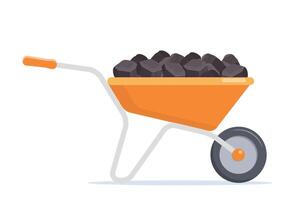 Handle trolley with coal. Wagon transporting pile coal. Mining industry equipment. Underground minerals extraction. Construction and building transportation vehicle. Vector illustration.