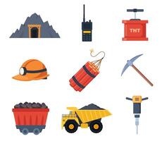 Mining coal industry icons, set. Tools and equipment for manufacture, truck and mine, mineral fuel, miner symbol, signs of machinery and dump. Vector illustration.