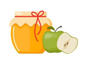 Honey in a transparent glass Jar and green apple. Vector image for selling honey, bee products.