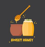 Honey jar and Dipper. Wooden dipper, honey stick or spoon with round part. Honey pot. Natural sweet organic product from apiary farm. Vector illustration for honey bee farming business.