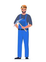 Miner man character, coal or minerals mining, Worker in uniform with pickaxe stands tall. Extraction Industry Profession Working. Vector Illustration.