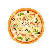 Fresh round pizza cut into triangular pieces. Pizza with fish, shrimp, cheese, olive, onion, basil. Traditional Italian fast food. Top view meal. Vector illustration.