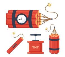 Dynamite sticks, set. Red sticks with burning fuses and explosion timer. Trinitrotoluene explosive object icons. Vector illustration.