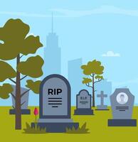 Cemetery day landscape, tombstone with RIP inscription. Gravestones with cross, obelisk, ossuary or crypt in sunlight and green grass lawn, eternal peace. Vector illustration.