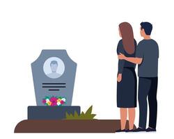 Sad man and woman dressed in mourning clothes standing near grave with tombstone. Grieving people or relatives on graveyard or cemetery. Vector illustration.