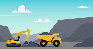 Excavator and dump truck working at coal mine. Open pit mine or quarry, extraction machinery. Heavy machinery of wheeled excavator filling with coal materials on a truck. Vector illustration.