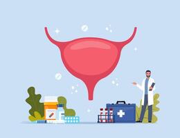 Human bladder. Inner organs disease treatment. Modern design concept with tiny doctor character, medical drugs, equipment, analysis. Vector Illustration.