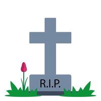 Gravestone with grass on ground. Old tombstone on grave with text RIP. Vector illustration.