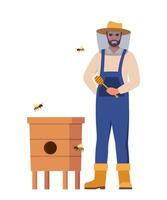 Man in hat with protective fine mesh holds a wooden deeper. Honey bee. Beekeeping. Houses for bees, beehives. Get honey. Vector illustration.