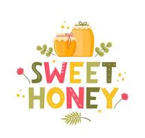 dulce Miel. letras antecedentes con miel frascos y caligráfico letras. vector ilustración para miel abeja agricultura negocio.