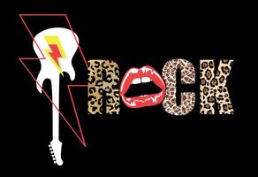 2. Rock. Guitar silhouette t-shirt design with thunder symbol, red lips and animal print letters on a black background. Glamorous rock. vector